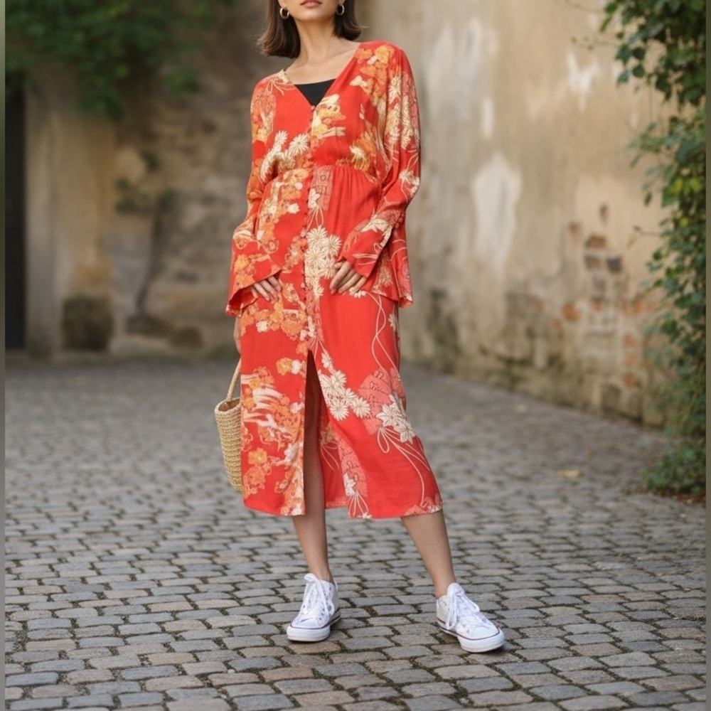 Free People Orange Midi Tie Back Dress Resort Boho Retro Style Floral dress S